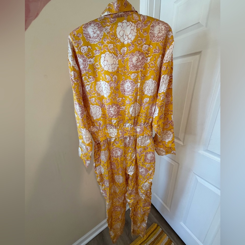 Fernando Sanchez Vintage 100% Silk Floral Yellow Aviator Jumpsuit